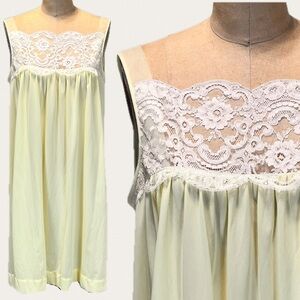 VINTAGE mid century lemon chiffon pastel nightgown lace lingerie gown 50s 60s‎